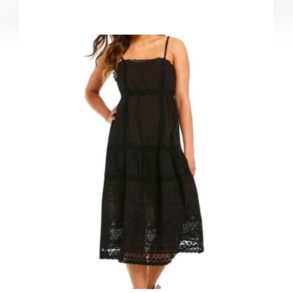 Free People Dress Size Medium Adjustable Strap Black Cotton Eyelet Midi Solid